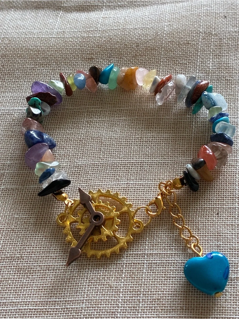 Multicolor Gemstone Bead Bracelet with Gold Toggle and Blue Heart Charm
